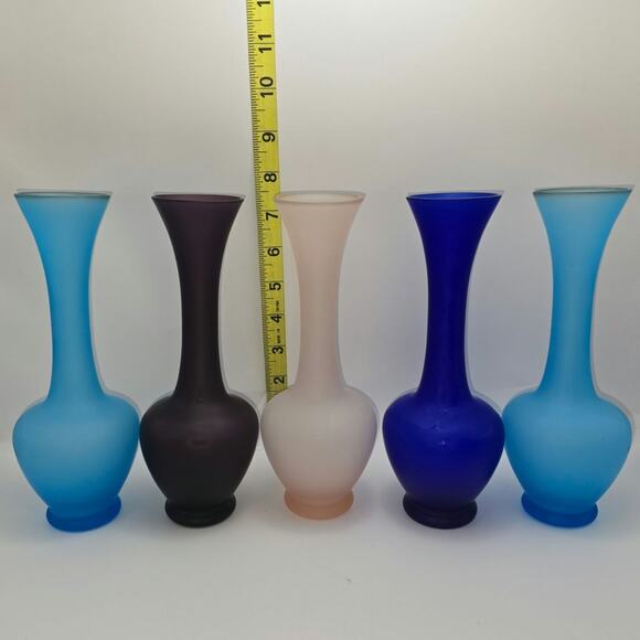 Set of 5 Colored Satin Glass Bud Vases 7.5" Tall EUC - Picture 1 of 12